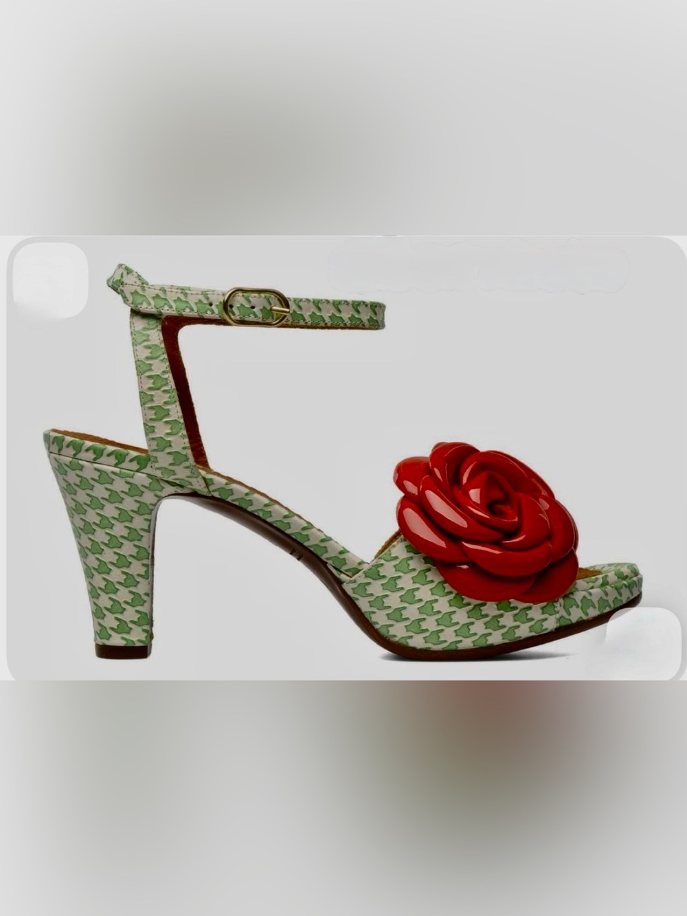 Chie Mihara Green Houndstooth Sandals with Red Patent Rosettes 🌺 *RARE*